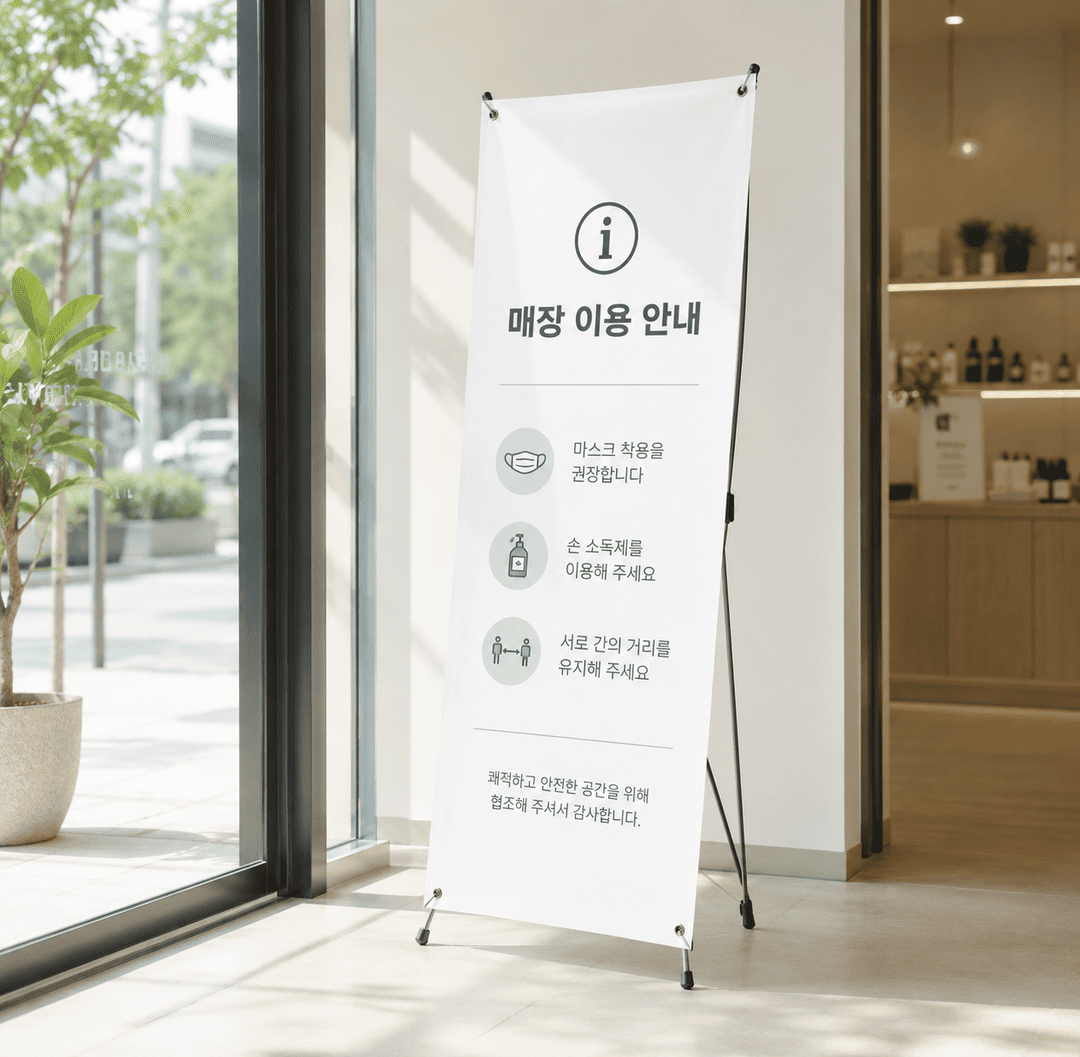 피노 화이트 PET X배너(엑스 배너)가 실내 매장 입구 옆에 세워진 모습
