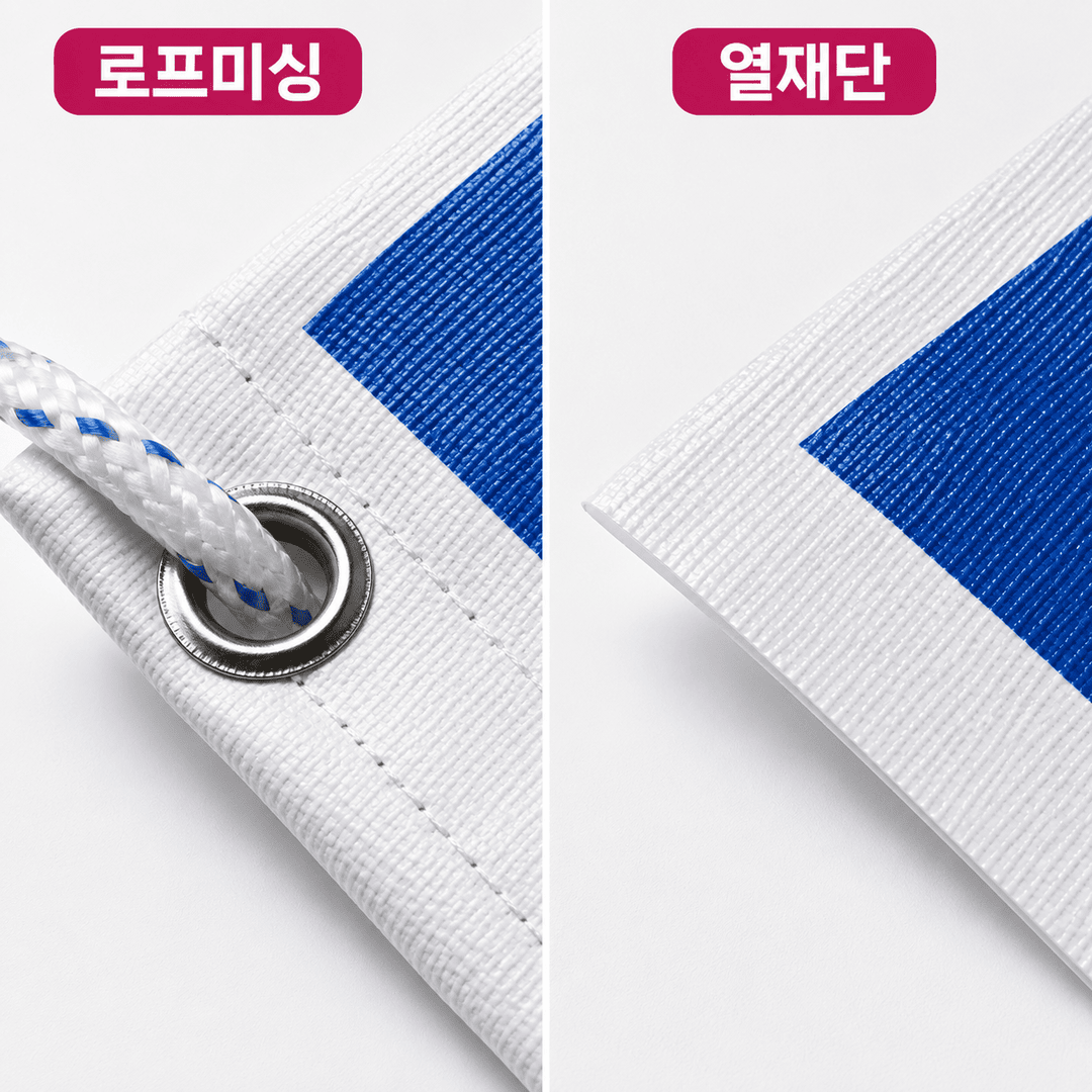 사방 5mm 로프미싱 마감과 열재단 마감의 모서리를 비교한 클로즈업