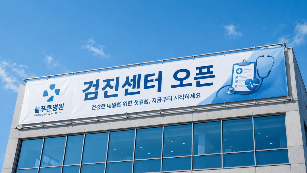 병원 건물 외벽에 설치된 장기 게시용 대형 현수막 홍보 연출컷
