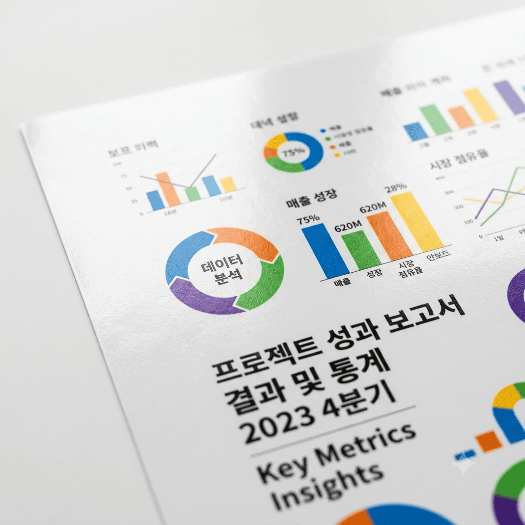 인화지 소재로 출력한 고해상도 대형 포스터 표면 클로즈업, 선명한 인쇄 디테일