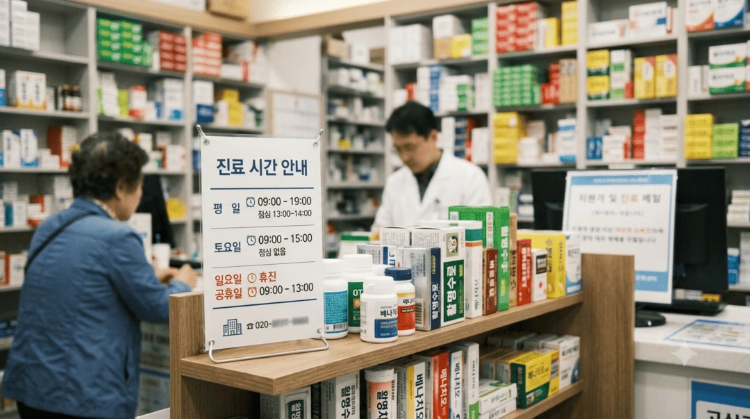 약국 조제대 옆에 놓인 탁상용 미니 배너, 진료 시간 안내 디자인이 인쇄되어 있는 모습