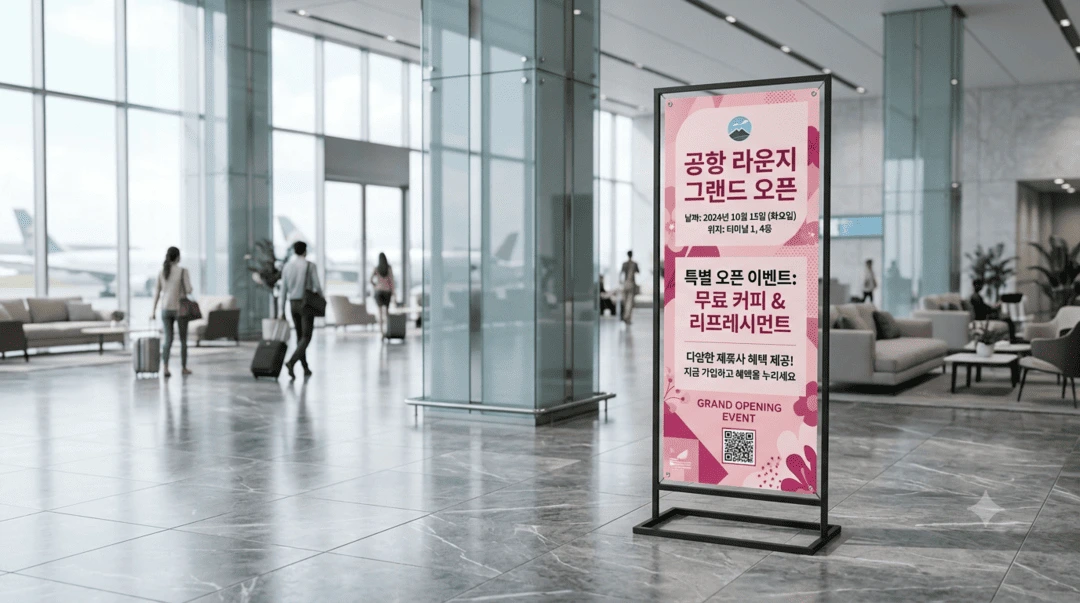 공항 라운지에 설치된 철제 사각코너 배너 실내용 안내 배너