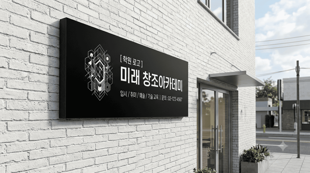 검정 포맥스에 화이트 로고를 인쇄한 학원 입구 현판 시공 사진