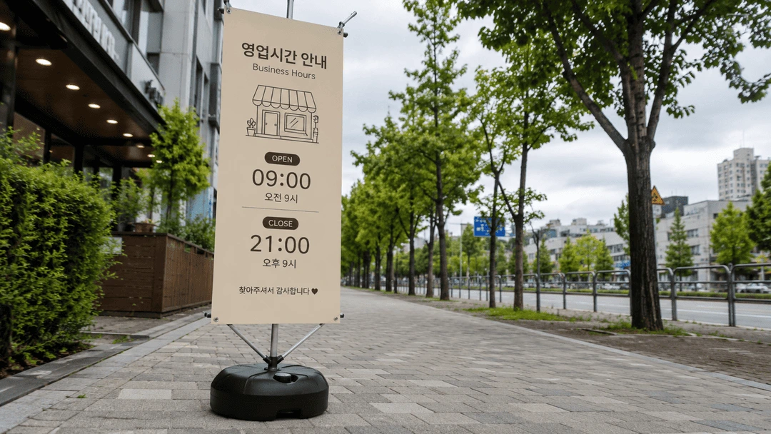 실외 보행로에 설치된 물통 배너 Y배너 거치대