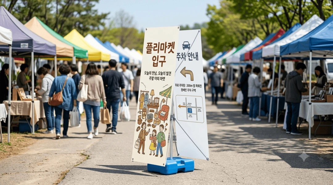 야외 플리마켓 입구에 설치된 물통 배너 양면 안내판