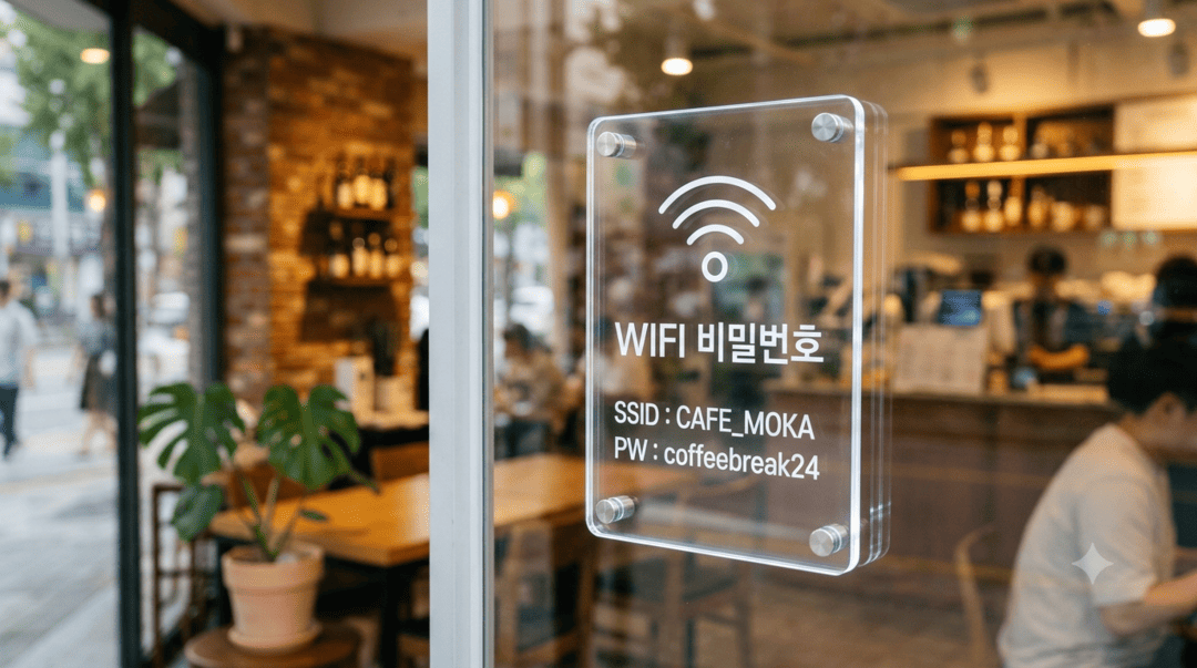 투명 아크릴 직접출력으로 제작한 안내판이 매장 출입구 유리문에 부착된 모습, 배면 인쇄로 글자 표면이 매끈하게 코팅된 광택 마감