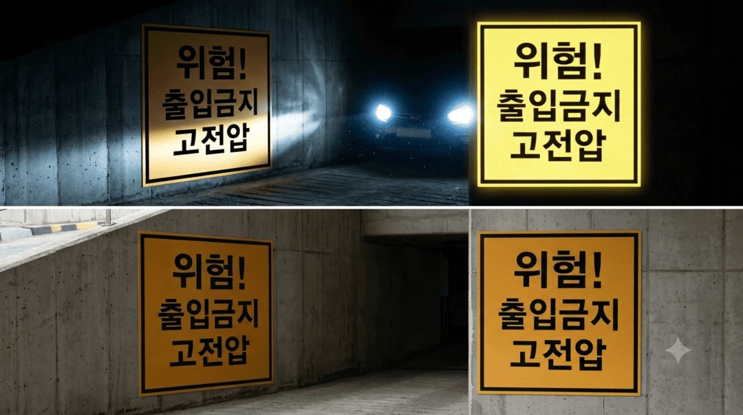 주차장 반사 시트 표지판 주간 야간 비교, 고휘도 반사 시트지 시인성