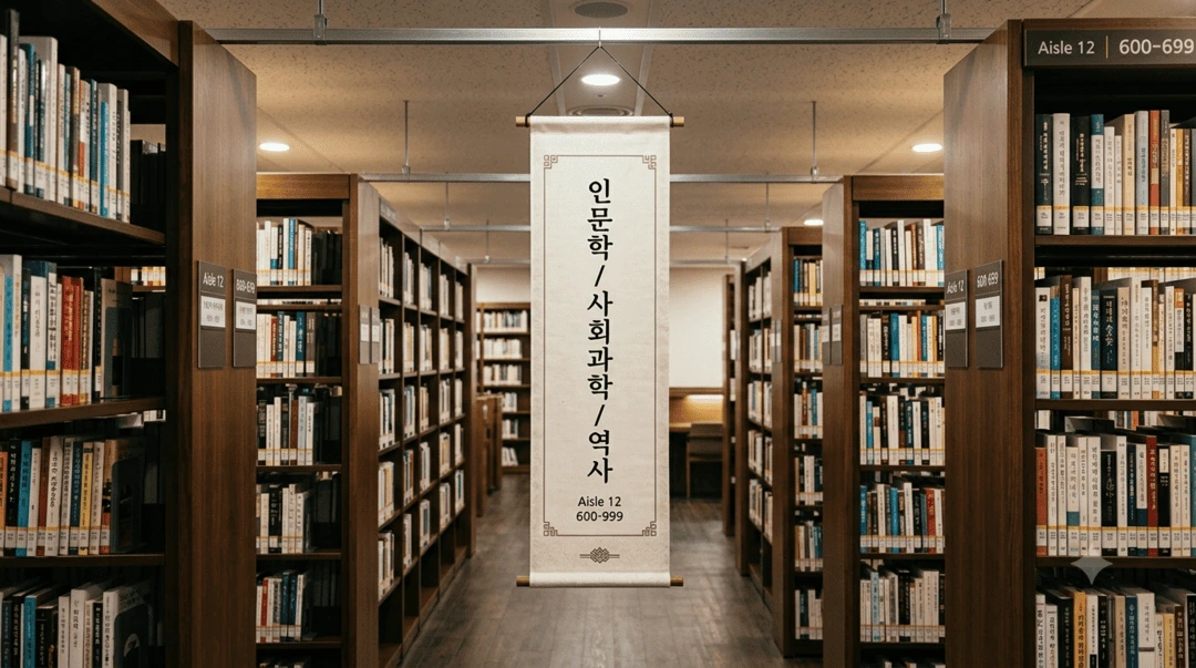 도서관 서가 통로 천장에 매달린 족자형 행잉 배너 안내물