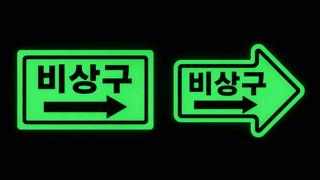 사각재단과 모양재단 비상구 화살표 축광시트 완성품 비교