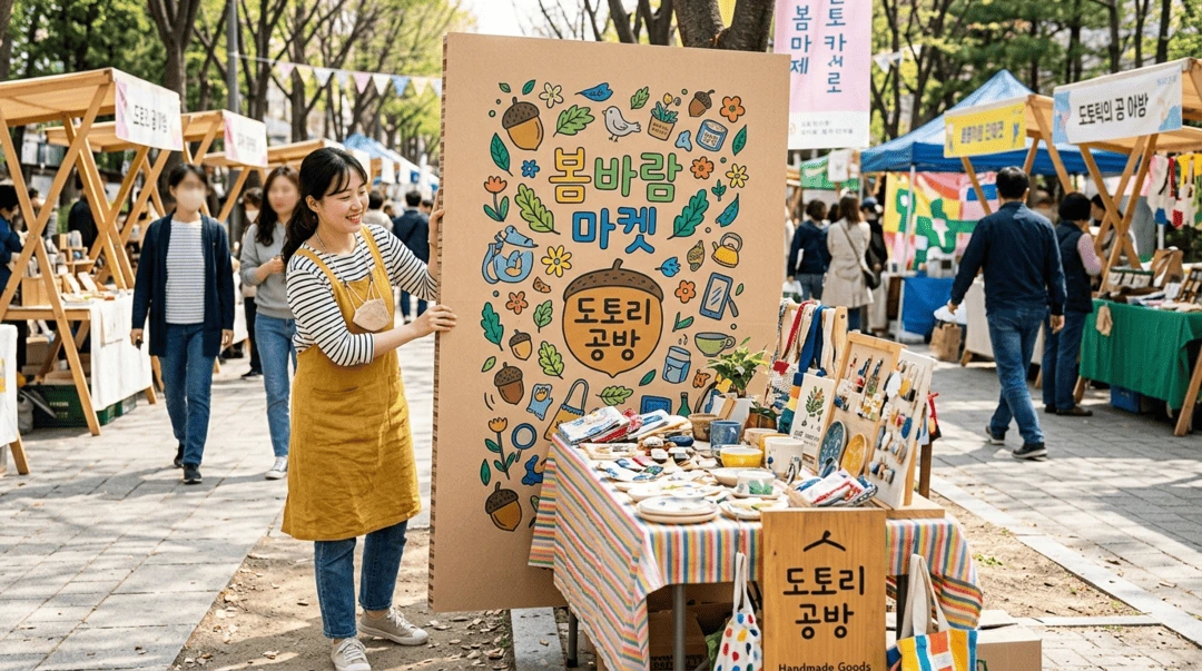 플리마켓 부스에 세운 크라프트 허니콤보드 배경 그래픽