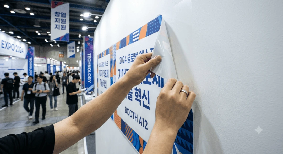 전시 부스에서 PVC 켈지 그래픽을 잔여물 없이 철거하는 모습