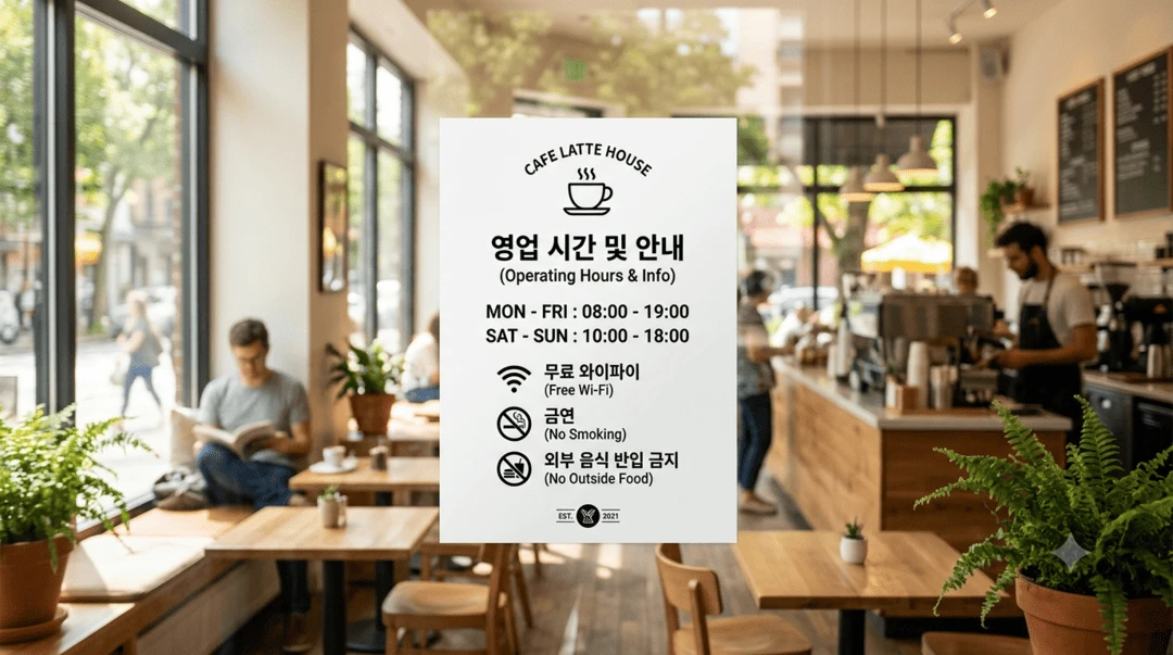 카페 유리창에 부착된 유포지 안내 스티커 활용 예시